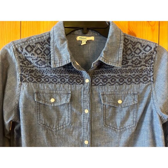 Silver Jeans Western Denim Shirt Medium Wash Pearl Snap Buttons Size Large (5649 - Picture 2 of 6